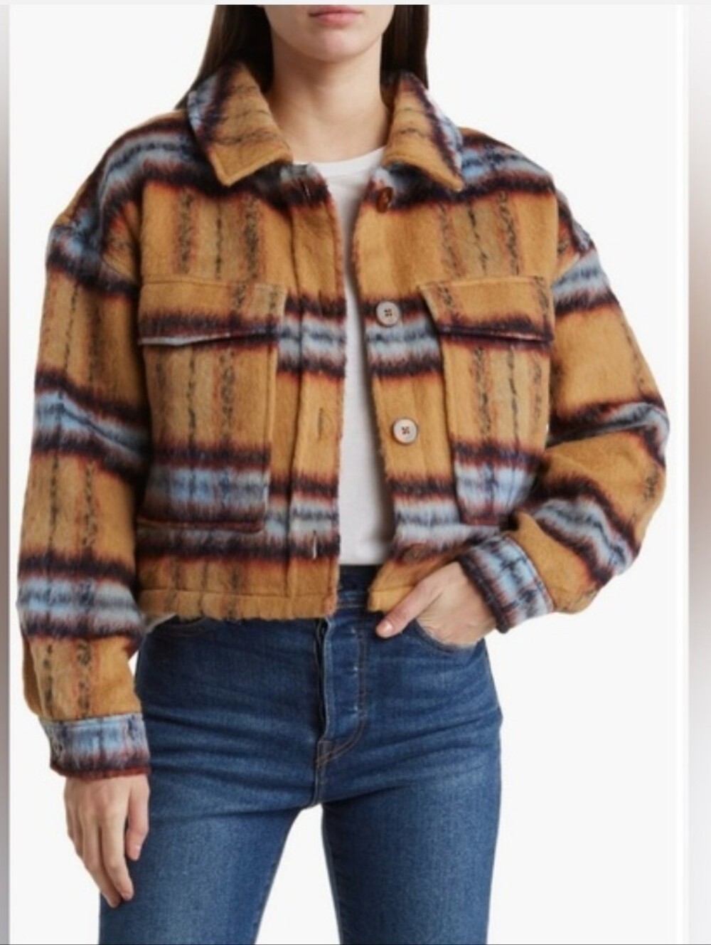NWT Vigoss Brushed Tan Plaid Crop Shacket Jacket Large